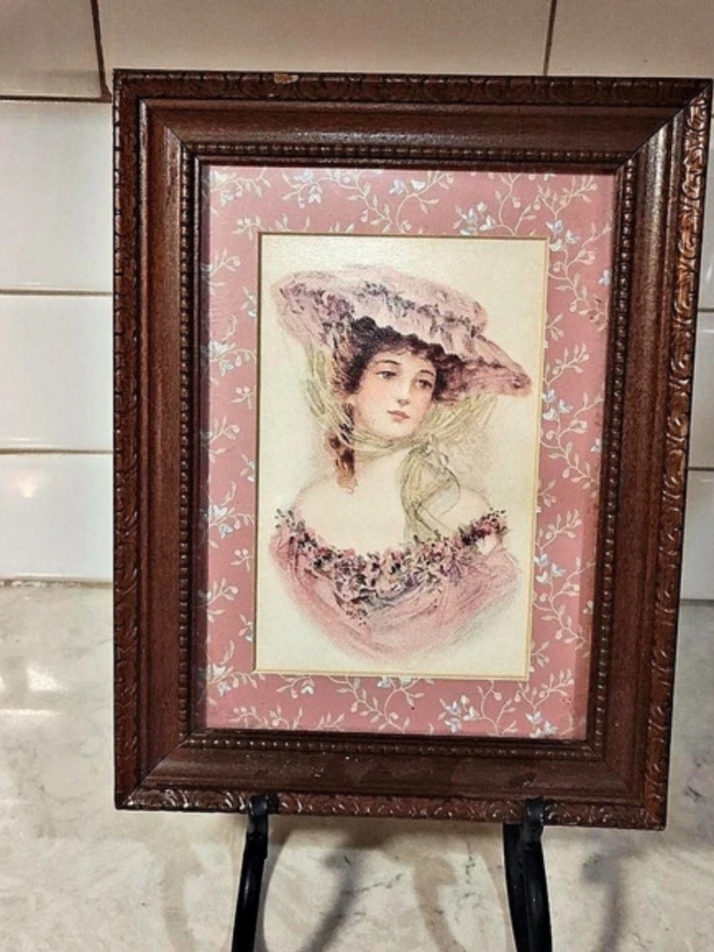 Vintage Victorian Floral Portrait Print in Brown & Pink